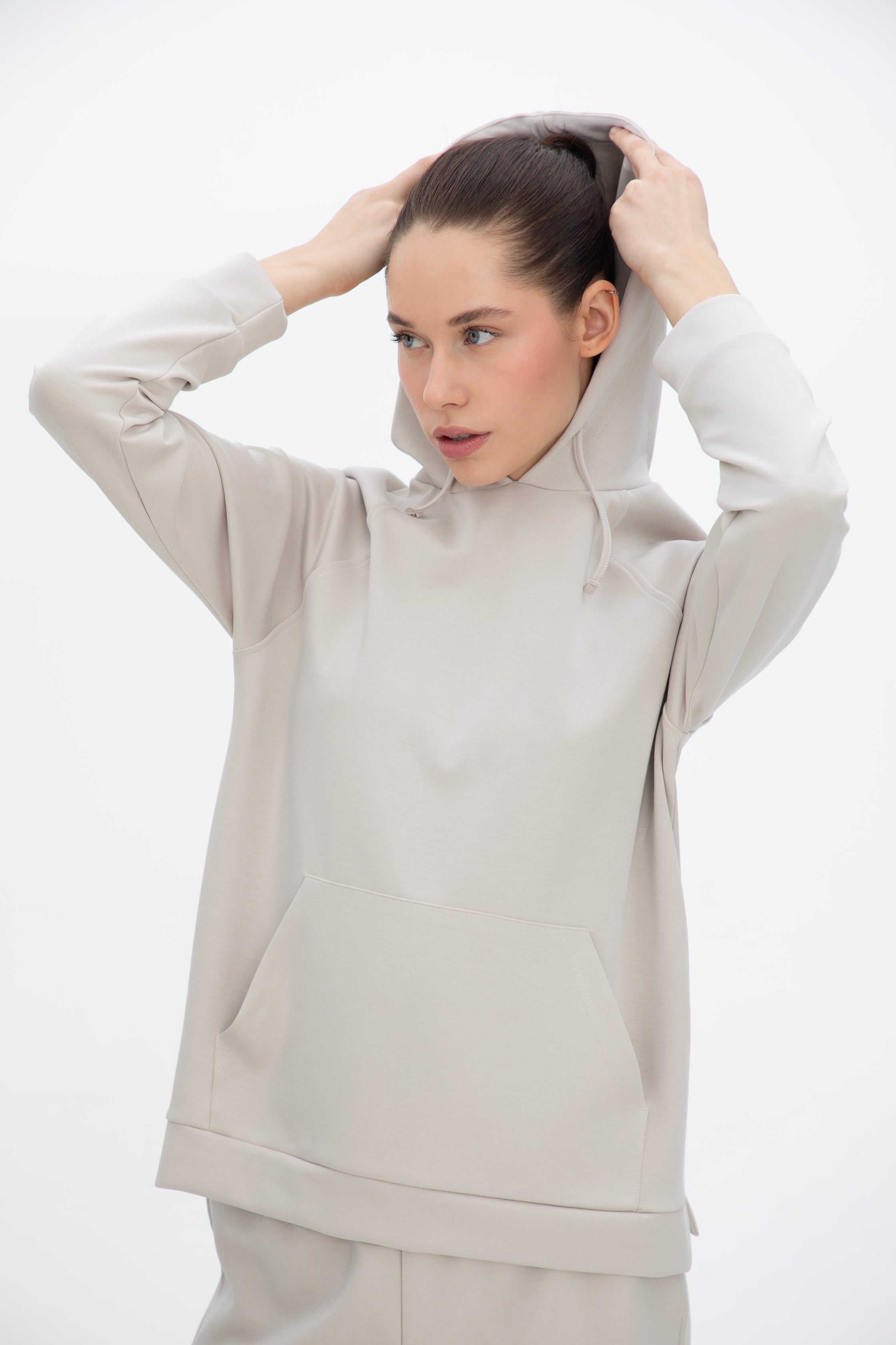 Peach Fuzz Effect Kapüşonlu Önden Cepli Sweatshirt